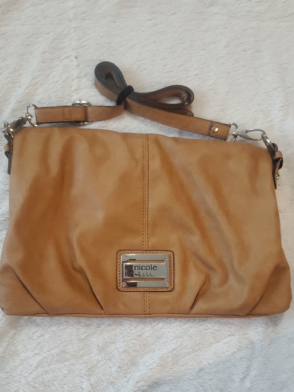Nicole Miller Camel/Tan Leather Shoulder Bag with Logo Plaque